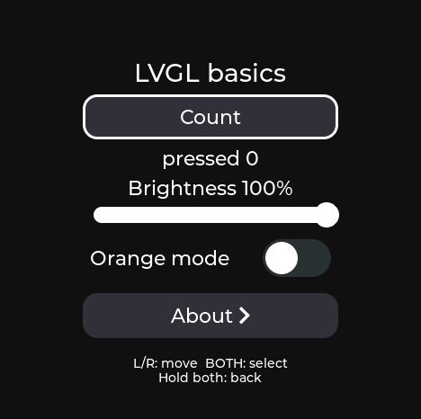 The LVGL controls screen with Count focused